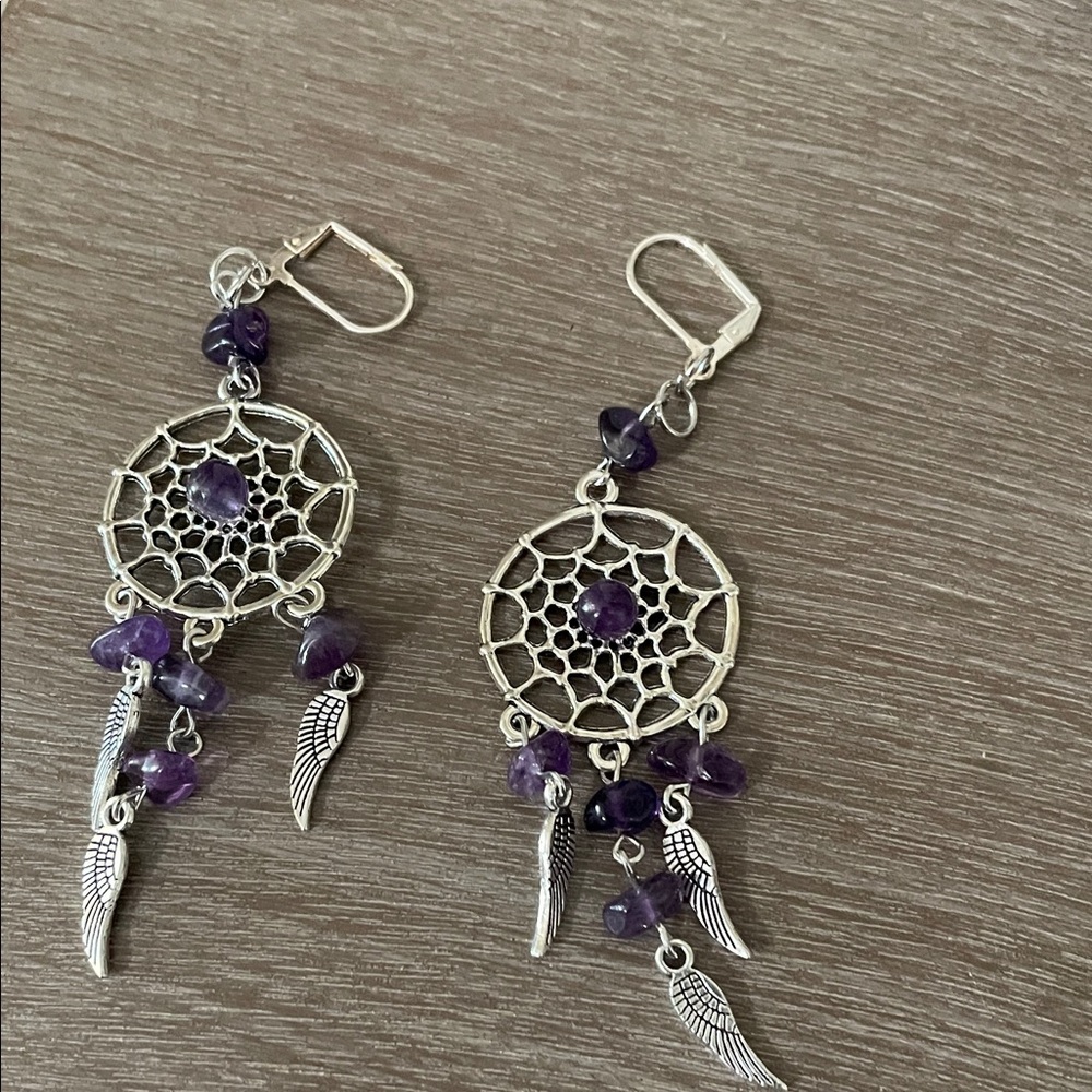 Artisan Silver and Purple Dreamcatcher Earrings
